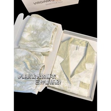 山水墨畫三件套睡衣女款夏天冰絲短袖2025新款仿真絲綢春秋家居服