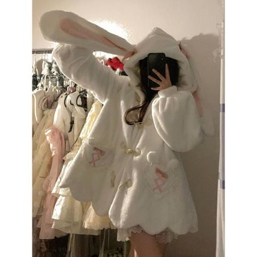 奶fufu可愛兔耳朵羊羔絨外套女冬季加絨棉服小個子毛茸茸連帽衛衣