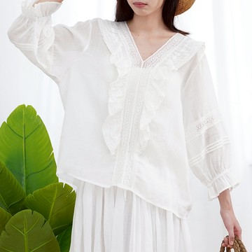 日系V領蕾絲拼接麻質上衣474668