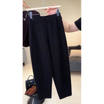 松緊腰黑色毛呢闊腿褲女2025年春新款小個子直筒簡約休閑九分褲女