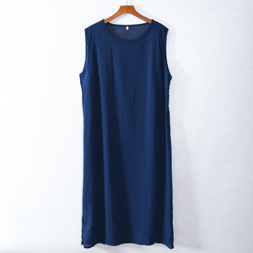 中長裙無袖圓領純色寬松腰連衣裙子有內襯潮