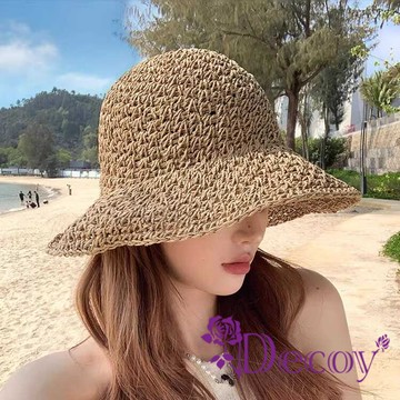 【Decoy】蕾絲草編 蝴蝶結綁帶鏤空防曬遮陽帽/卡其