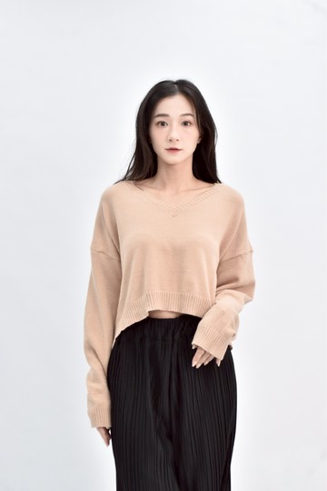 【加購優惠】(XL) 針織短版卡其V領棕色毛衣