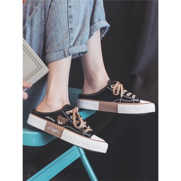 一腳蹬女鞋半拖鞋女夏百搭夏季薄款2025新款帆布鞋ins懶人休閑鞋