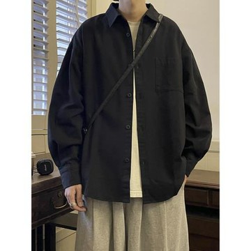 港風黑色襯衫男春百搭基礎款翻領長袖上衣高級感男女同款襯衣外套
