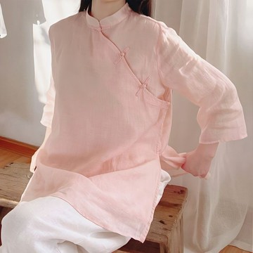 【M-5XL大尺碼】大尺碼女裝 禪服 新中式 唐裝 禪修居士服 純棉仿棉麻襯衫禪服女2024春夏套裝民族風中袖文藝複古中
