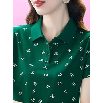 夏季新款翻領polo衫女短袖t恤大碼媽媽裝印花有帶領顯瘦體恤上衣