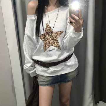CU🇰🇷豹紋星芒🌟美式復古豹紋星星百搭休閒大學T 長袖T恤 長袖大學T 落肩大學T