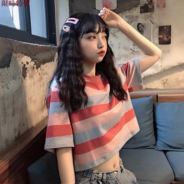 促銷 韓版寬松ins短款彩虹條紋短袖T恤女 學生學院風bf半袖體恤上衣 短袖t恤 女裝 顯瘦上衣 衣服 寬鬆上衣 女あ