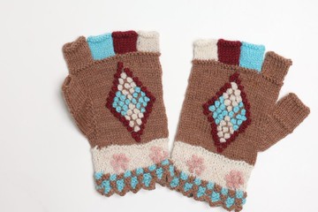 南美洲秘魯純羊駝毛線手工編織菱形造型半截五指手套民族風無襯