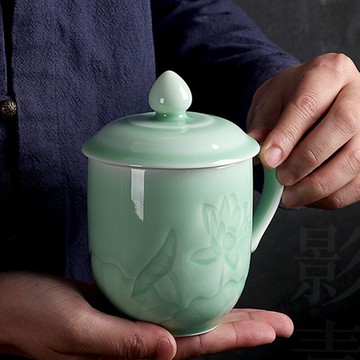 陶瓷杯子辦公室喝茶杯青瓷水杯馬克杯男會議杯中式辦公杯帶蓋家用