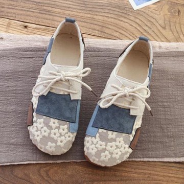 單鞋女平底森系文藝復古雛菊花網紗透氣圓頭系帶涼鞋舒適軟底女鞋