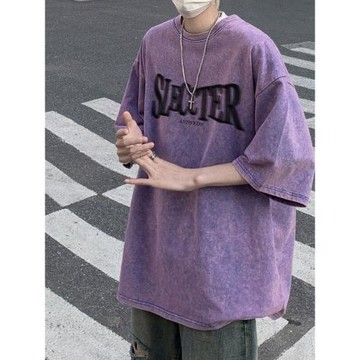 短袖男款夏季復古水洗做舊字母印花T恤2025新款美式潮牌重磅純棉T