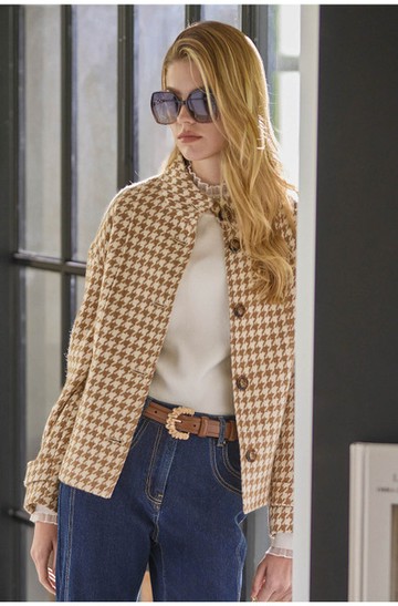 千鳥格高立領落肩外套