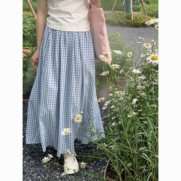 日系 夏季 藍色格紋 半身裙 女小眾 復古 顯瘦 百搭休閒A字裙女 ins