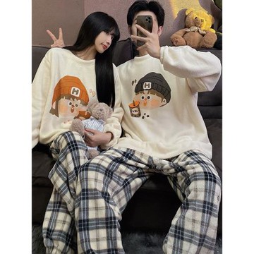 秋冬季珊瑚絨情侶睡衣女款法蘭絨卡通可愛女士套裝冬天男士家居服
