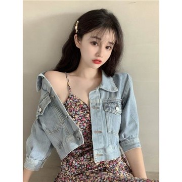 短袖牛仔外套女早秋季歐貨時尚馬甲復古中袖上衣短款休閑外搭襯衫