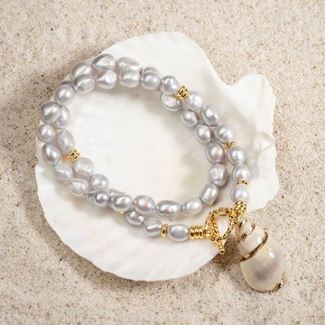 天然灰色巴洛克珍珠項鍊 7–8mm 海螺吊墜 復古優雅 新年禮物