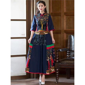 單/兩件套 早秋新款麻棉民族風改良唐裝立領上衣復古半身裙套裝女