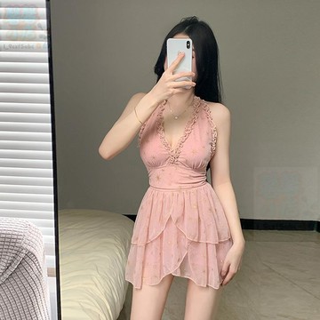 【臺灣出貨】連體裙式吊帶泳衣泡溫泉海邊度假遮肚顯瘦少女保守小胸聚攏新款