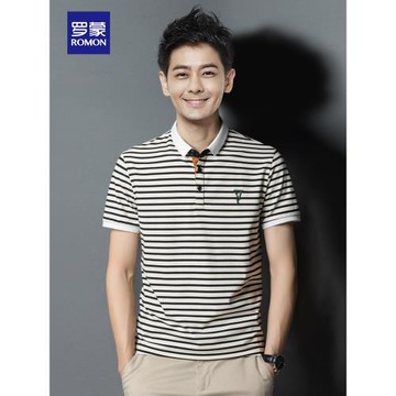 羅蒙男士短袖polo衫夏季薄款寬松商務帶翻領海魂衫休閑條紋t恤潮