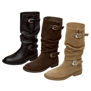 【Grace Gift】長靴 靴子【慵懶隨性皮革/麂皮雙層皮帶扣堆堆長靴】3色 35-40號 堆堆靴 復古靴 真皮靴
