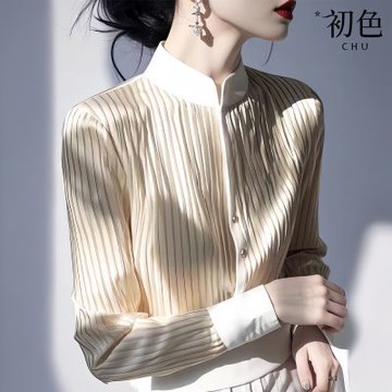 初色 撞色立領直條紋修身長袖襯衫上衣女上衣-杏色-15860(M-2XL可選)