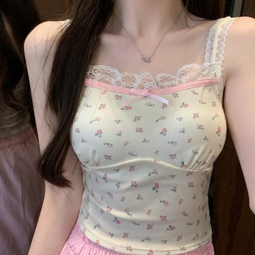 ✨甜美小碎花蕾絲吊帶✨純慾風上衣 減齡背心 甜美蝴蝶結碎花吊帶 夏季純欲修身短款無袖上衣 碎花吊帶 甜美可愛少女内搭