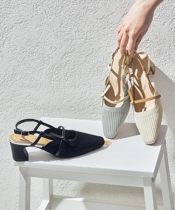 扭結繫帶針織後勾粗跟鞋  (51114)