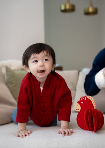 童裝針織中式唐裝外套 (紅色) |香港設計|休閑|經典|撞色|玩味