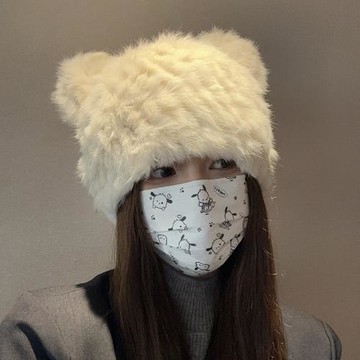 兔毛帽子女秋冬季可愛小熊耳朵保暖毛絨帽子護耳顯臉小韓版針織帽