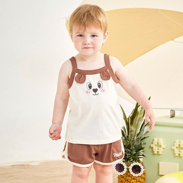 韓國 mollimelli - 萌萌狗狗純棉細肩帶背心套裝-米X咖啡