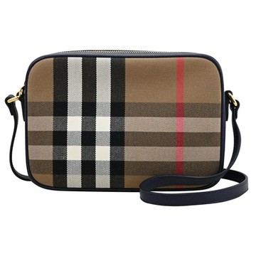 BURBERRY 巴寶莉  格紋印花帆布斜背包/相機包(深藍 23.5cm)
