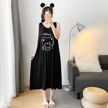 臺灣出貨 夏天涼感家居服女 女生無袖連衣裙 胖mm大碼連衣裙 V領背心長款睡裙女 夏季V領背心連衣裙 寬鬆百搭無袖家居服