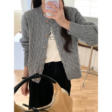 灰色復古粗麻花針織毛衣開衫外套女秋季2024新款寬松加厚短款上衣