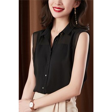 黑色襯衫女設計感小眾夏季薄款無袖雪紡襯衣洋氣氣質小衫網紗上衣