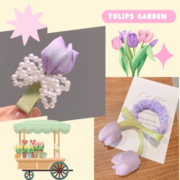 Love, Charlotte - 仙女系立體雪紡紗鬱金香珍珠髮夾配髮圈-2件組-紫色-袋裝