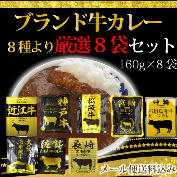 ブランド牛のビーフカレー8種より厳選8袋セット (1人前160g × 8袋) 中辛 大分牛 松坂牛 近江牛 宮崎牛 神戸牛　など　4種×各２　計8袋　メール便送料無料