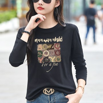 2025春秋季新款長袖T恤女印花韓版寬鬆顯瘦上衣簡約休閒打底衫女