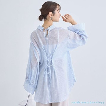 【earth music】品牌刺繡透明感後繫帶收腰剪裁襯衫