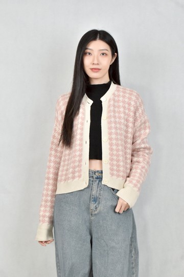 (M) miu miu粉色針織千鳥紋外套