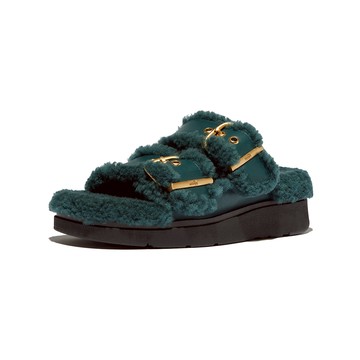 GEN-FF 扣環雙帶翻羊毛皮革涼鞋- 深青色