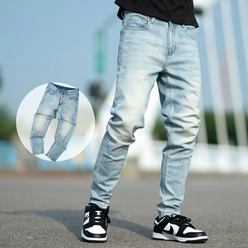 【NB1955J】水藍色刷白無破小直筒素面牛仔褲 褲子 休閒長褲 工作褲 男生長褲(HI-LD9507)