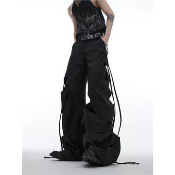CulturE小眾解構拼接裁片鏤空設計感工裝褲重工飄帶微喇叭休閑褲