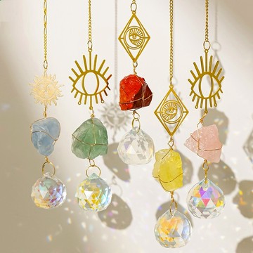 ⭐️現貨⭐️【水晶吊墜裝飾】太陽捕手棱鏡裝飾吊墜 紫粉黃水晶原石風鈴掛件花園窗戶燈飾💗肥嘟嘟飾品批發💗
