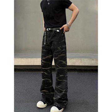 美式復古hiphop漸變波浪紋牛仔褲男女小眾設計感直筒微喇休閑褲