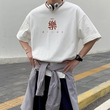 國潮短袖t恤男港風寬松印花圓領體恤衫夏季時尚簡約百搭潮牌上衣