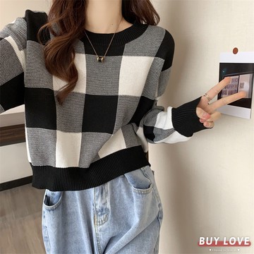【買到戀愛】隔日到貨 女裝 顯瘦針織大格紋長袖  針織衫 格紋 女裝  百搭 毛衣 針織毛衣 上衣【FT3019】