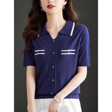 冰絲短袖t恤拼色針織衫女薄款夏裝2024新款翻領媽媽上衣寬松顯瘦