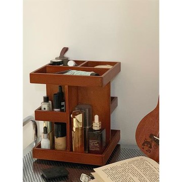360°可旋轉復古木質化妝品收納柜分層整理梳妝臺桌面護膚品置物